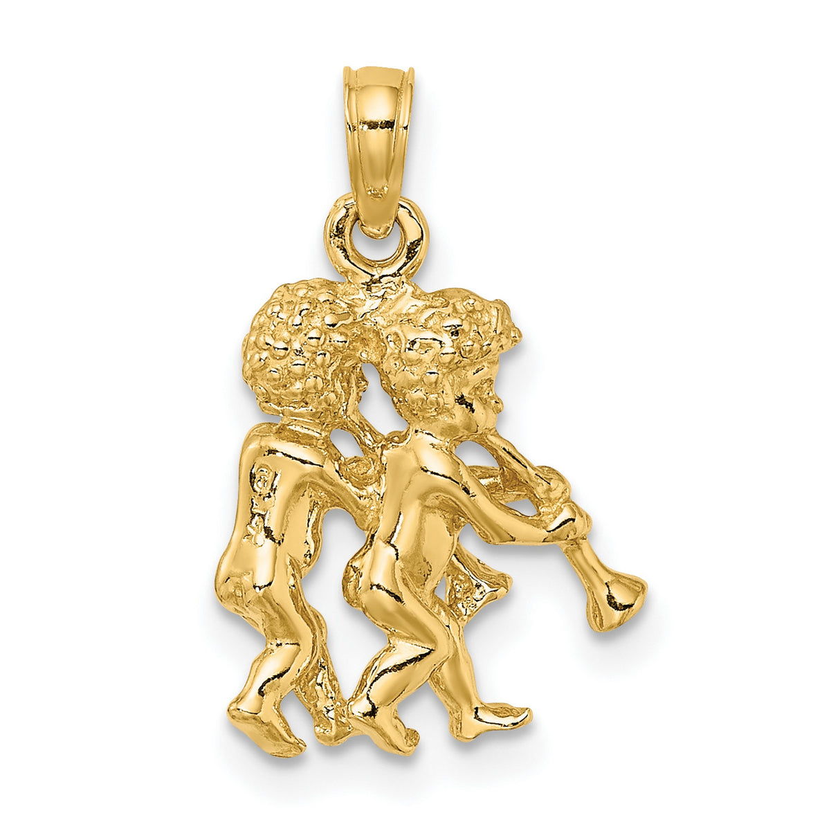 14k Yellow Gold Pendant with Twin Cherubs Playing Trumpets, Angel Motif, Baroque Style Charm