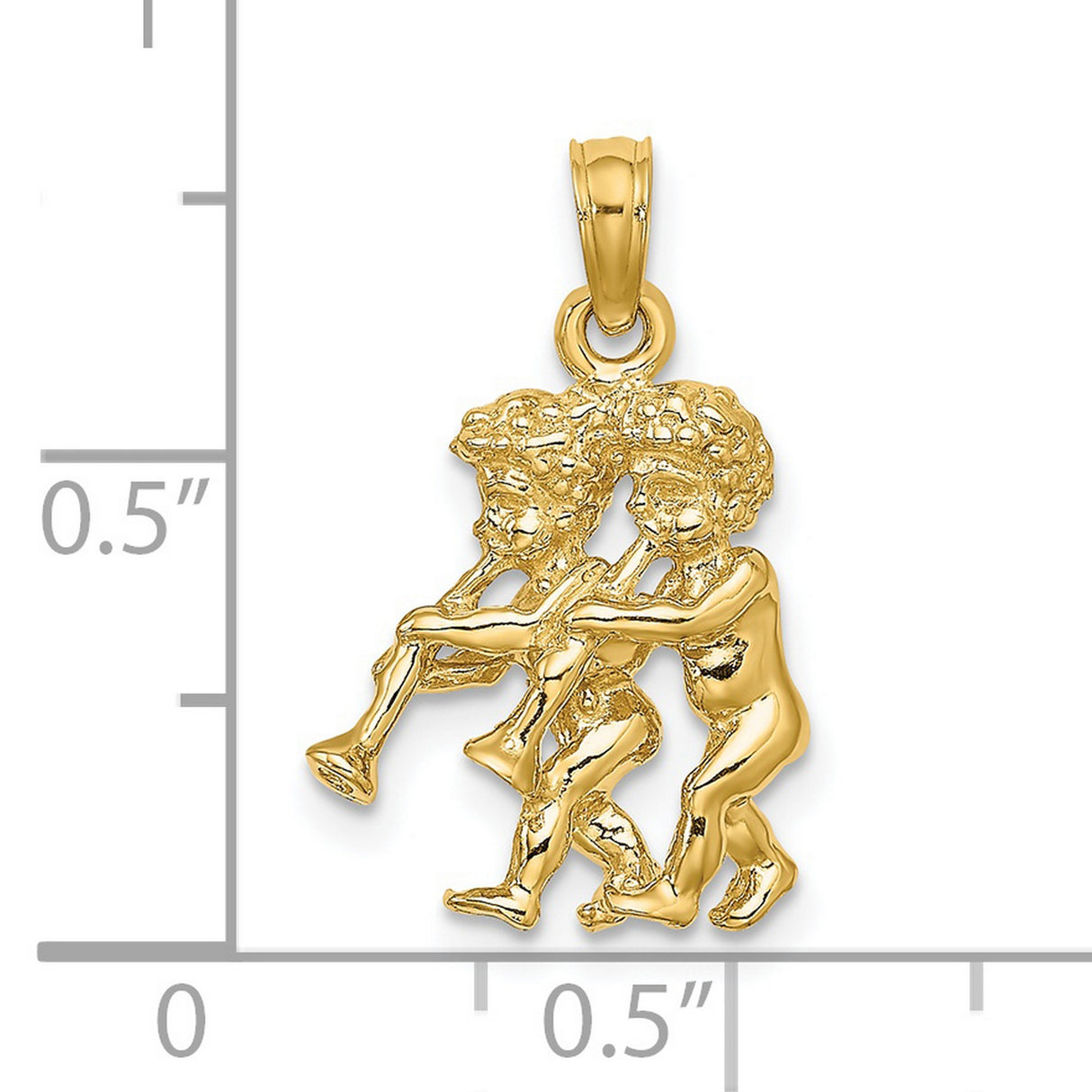 14k Yellow Gold Pendant with Twin Cherubs Playing Trumpets, Angel Motif, Baroque Style Charm