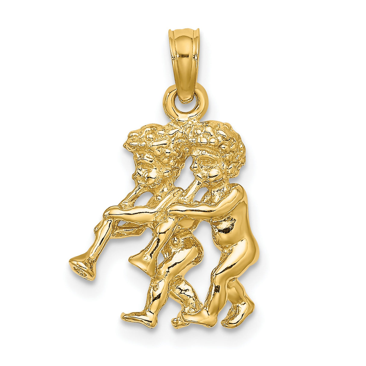 14k Yellow Gold Pendant with Twin Cherubs Playing Trumpets, Angel Motif, Baroque Style Charm