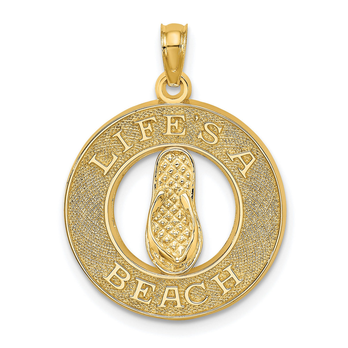 14k Yellow Gold Flip-Flop Pendant, Coastal Beach Theme with Life Is a Beach Engraving