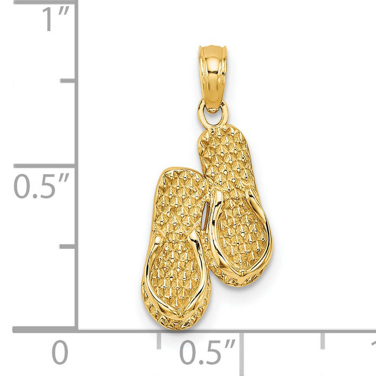 14k Yellow Gold Flip-Flop Pendant, 3D Textured Double Sandal Design, Coastal Summer Style