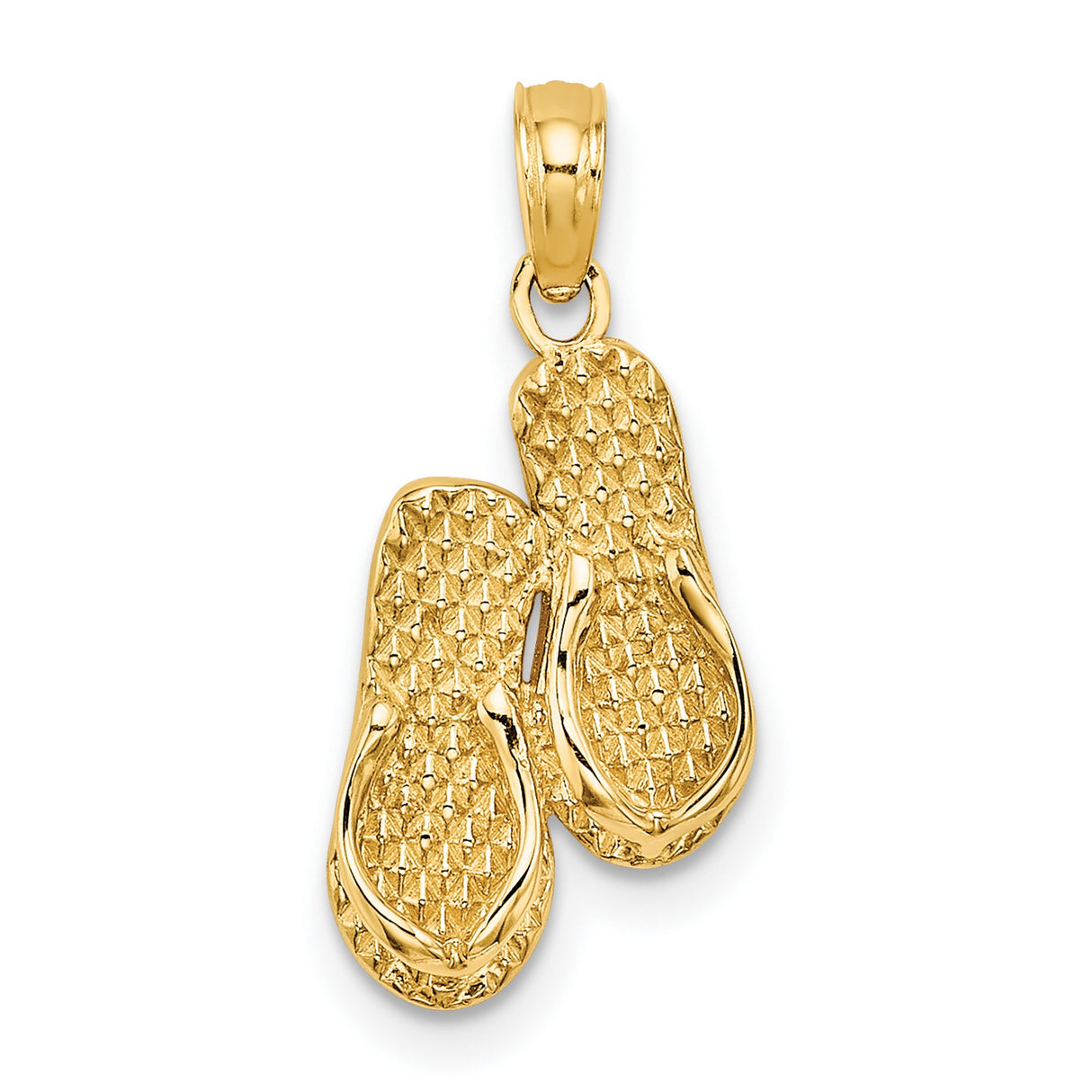 14k Yellow Gold Flip-Flop Pendant, 3D Textured Double Sandal Design, Coastal Summer Style