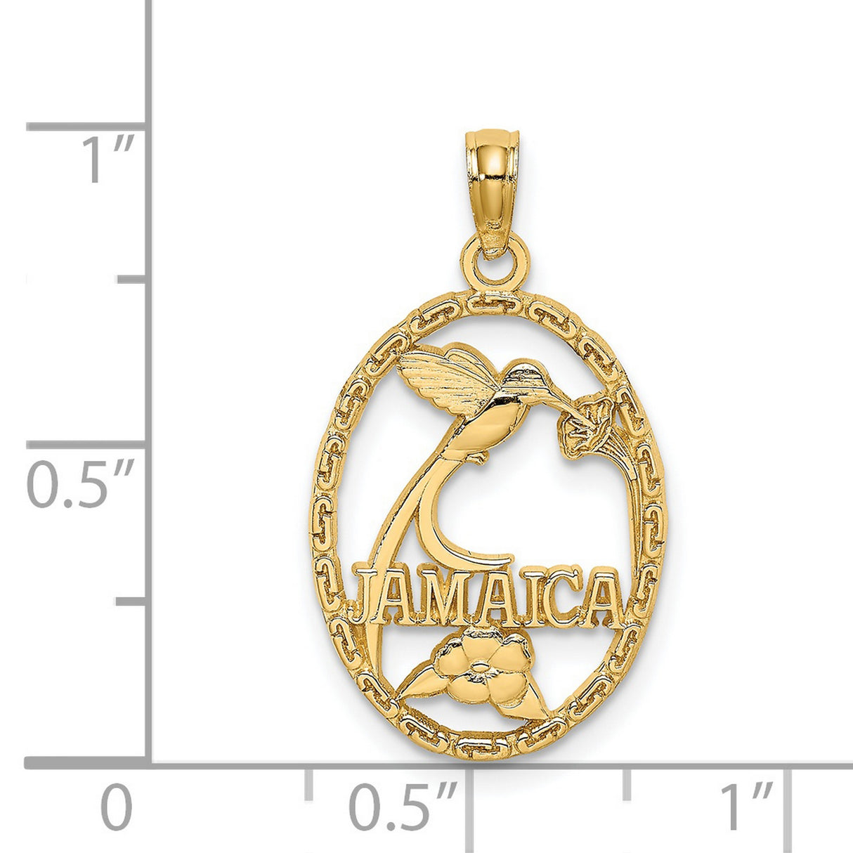 14k Yellow Gold Hummingbird and Flower Pendant, Jamaica Oval Charm, Tropical Island Design