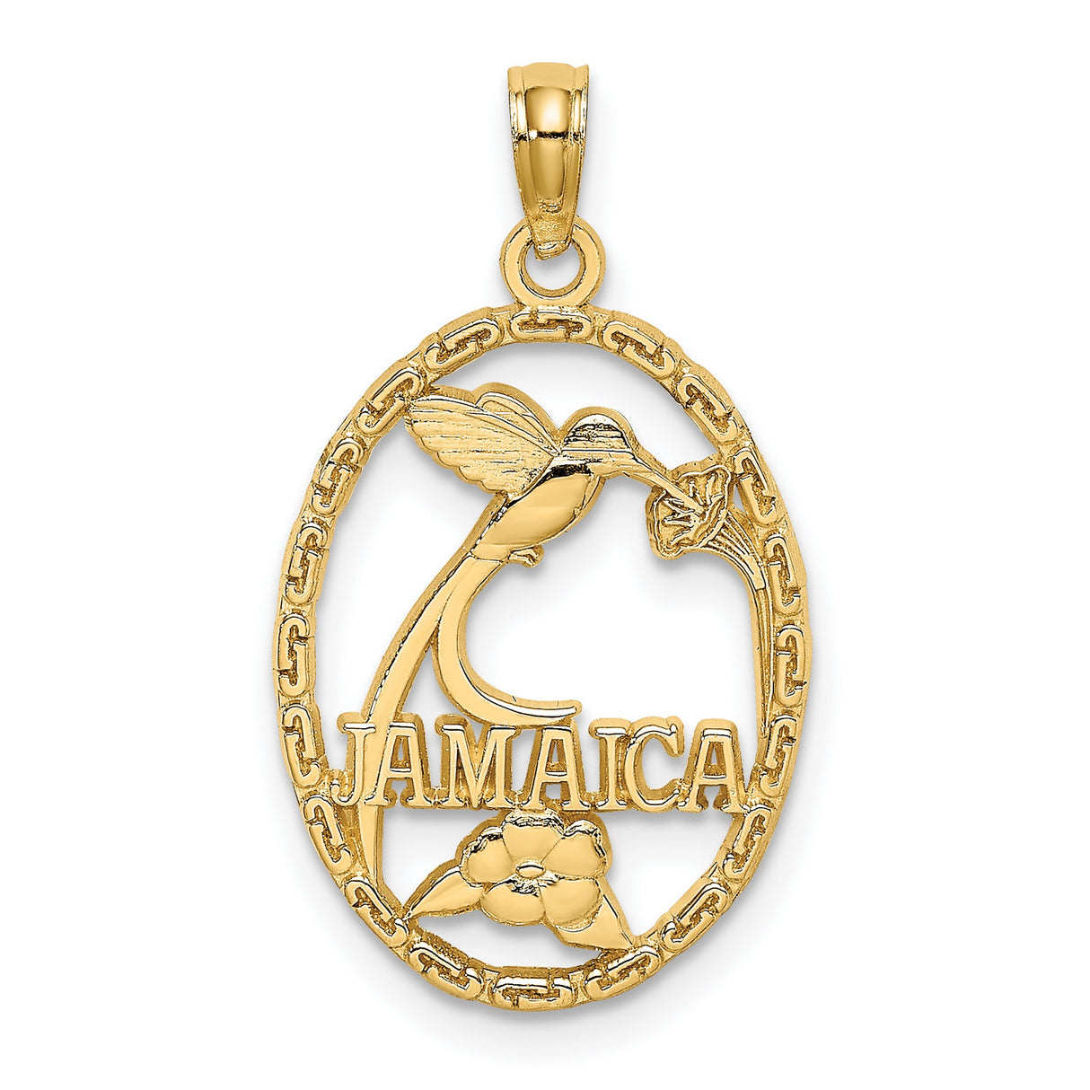14k Yellow Gold Hummingbird and Flower Pendant, Jamaica Oval Charm, Tropical Island Design