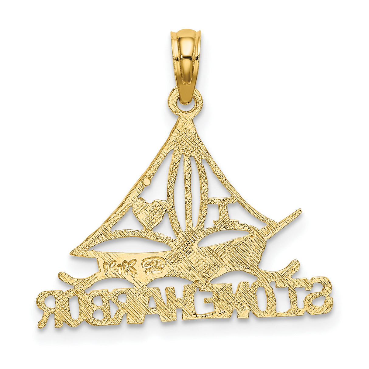 14k Yellow Gold Sailboat Pendant with Lighthouse Heart Cut-Out and Stone Harbor Inscription