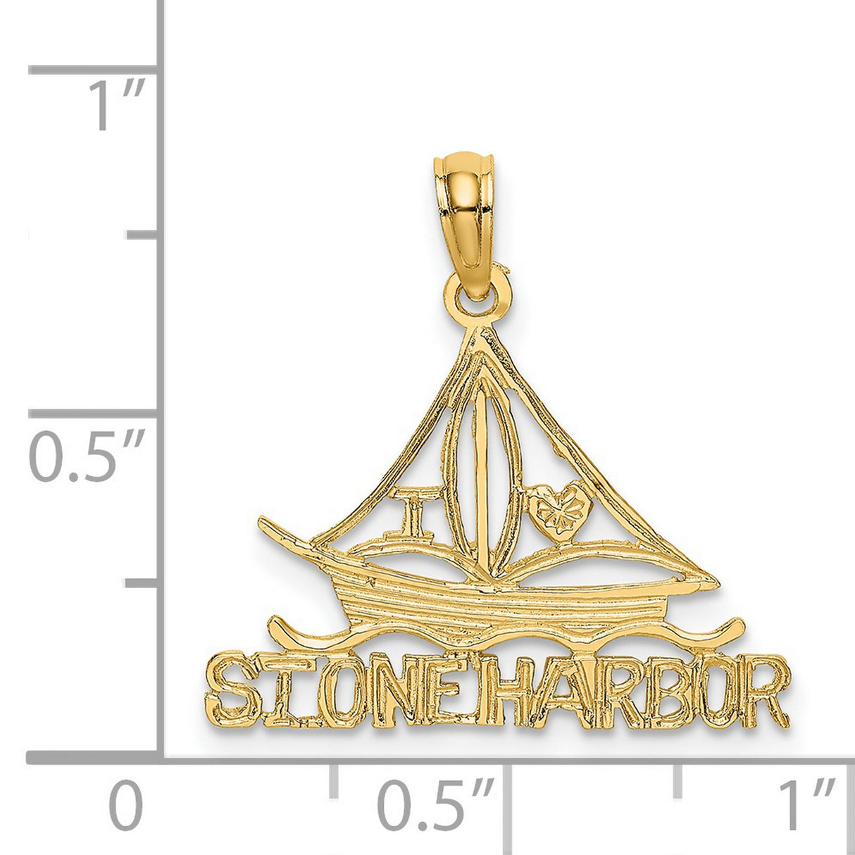 14k Yellow Gold Sailboat Pendant with Lighthouse Heart Cut-Out and Stone Harbor Inscription