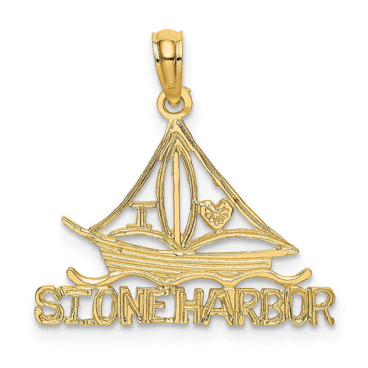14k Yellow Gold Sailboat Pendant with Lighthouse Heart Cut-Out and Stone Harbor Inscription