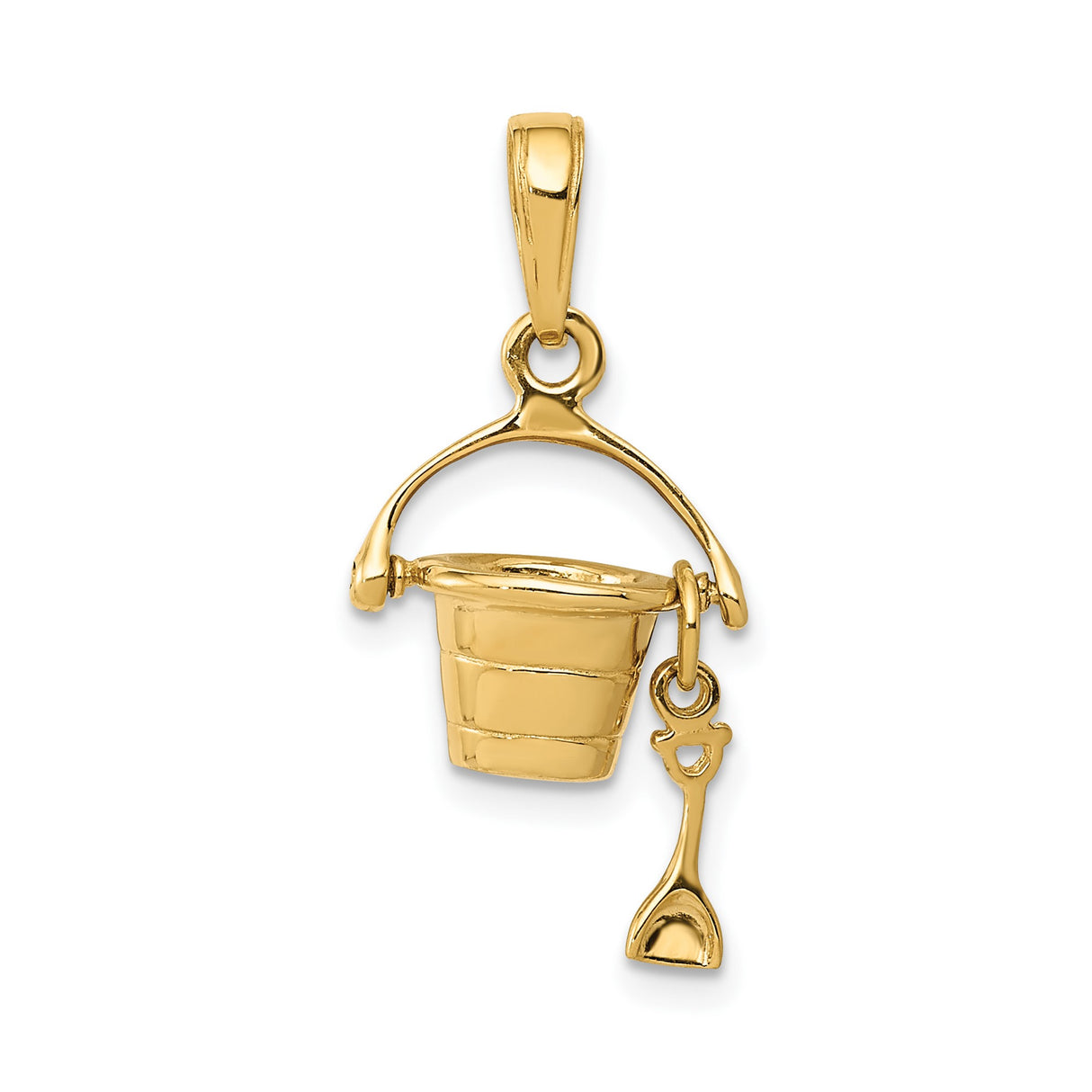 14k Yellow Gold Bucket and Shovel Pendant Charm, Playful Beach Theme Jewelry