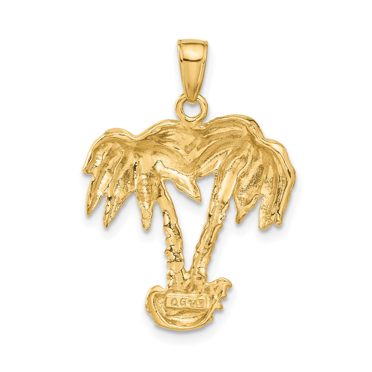 14k Yellow Gold Palm Tree Pendant with Double Trunks and Textured Leaves
