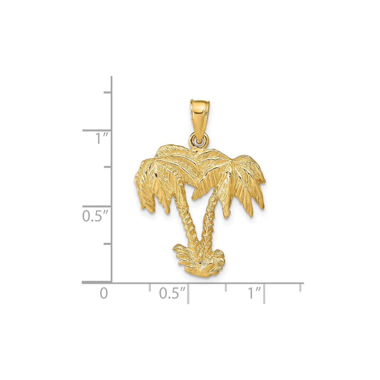 14k Yellow Gold Palm Tree Pendant with Double Trunks and Textured Leaves