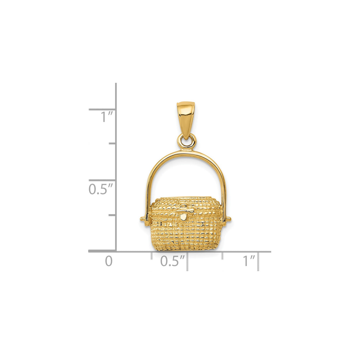 14k Yellow Gold Picnic Basket Charm with Woven Texture and Movable Handle
