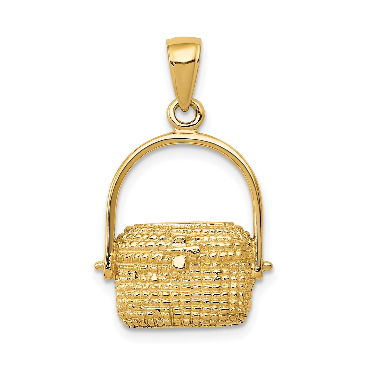 14k Yellow Gold Picnic Basket Charm with Woven Texture and Movable Handle