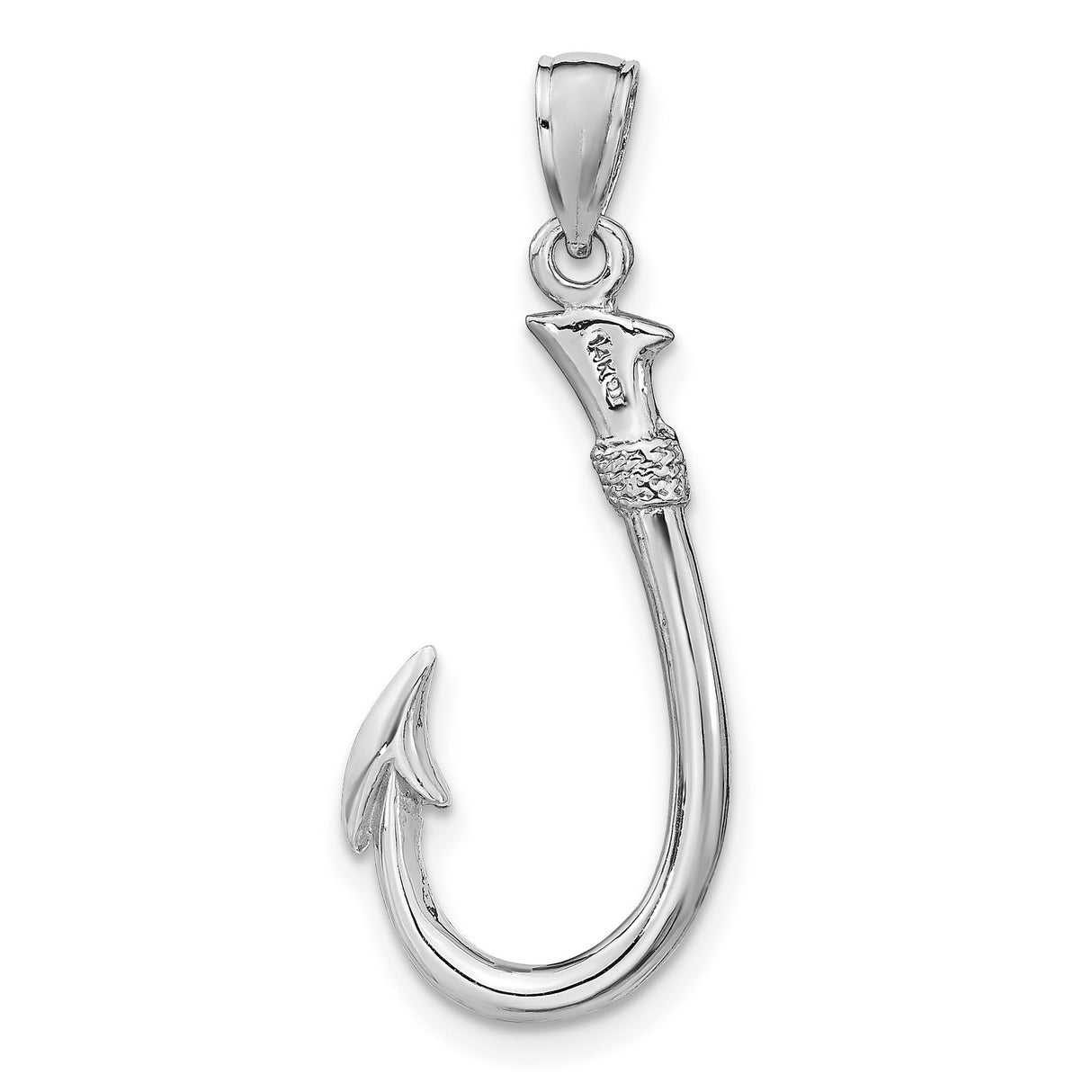 14k White Gold Fish Hook Pendant, Polished Nautical Charm with Textured Detail for Men or Unisex
