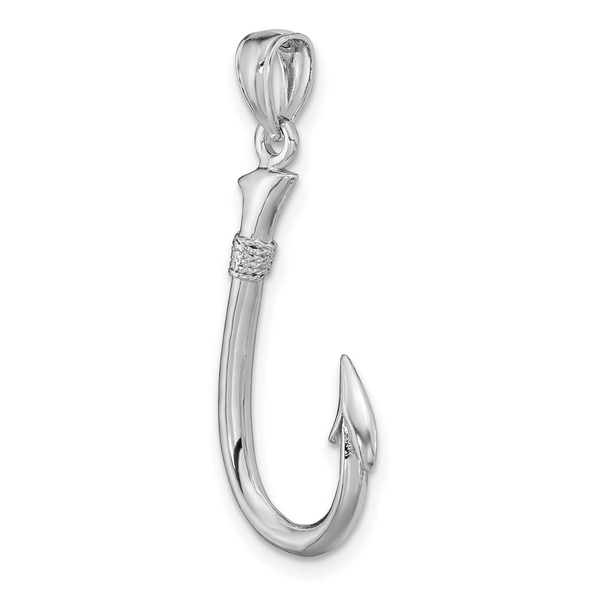 14k White Gold Fish Hook Pendant, Polished Nautical Charm with Textured Detail for Men or Unisex