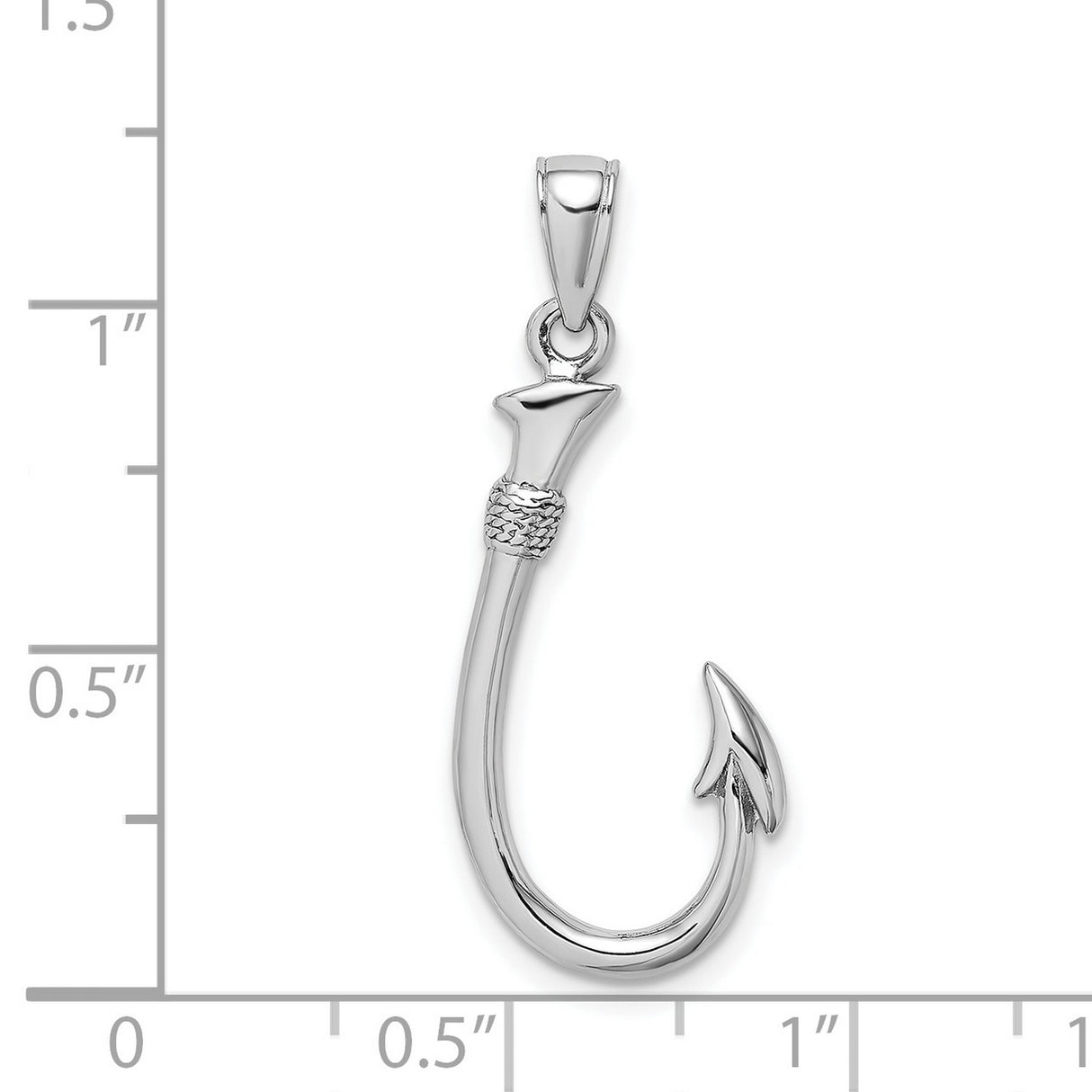 14k White Gold Fish Hook Pendant, Polished Nautical Charm with Textured Detail for Men or Unisex