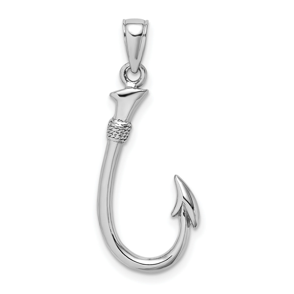 14k White Gold Fish Hook Pendant, Polished Nautical Charm with Textured Detail for Men or Unisex