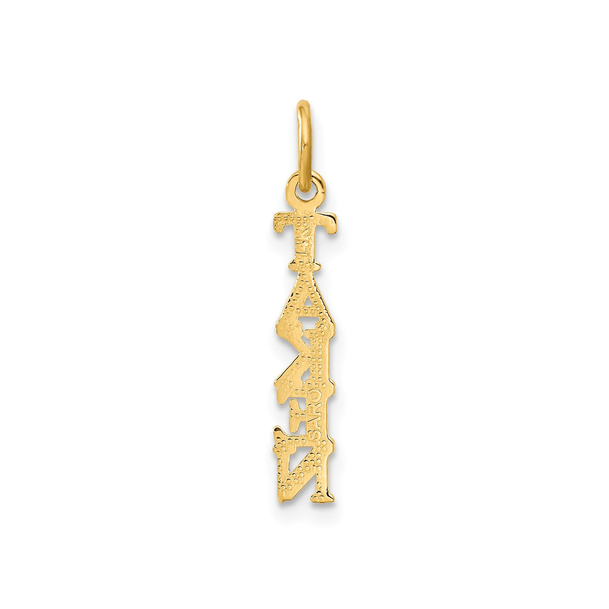 14k Yellow Gold Pendant with Vertical Taken Charm, Bold Lettering Statement Jewelry