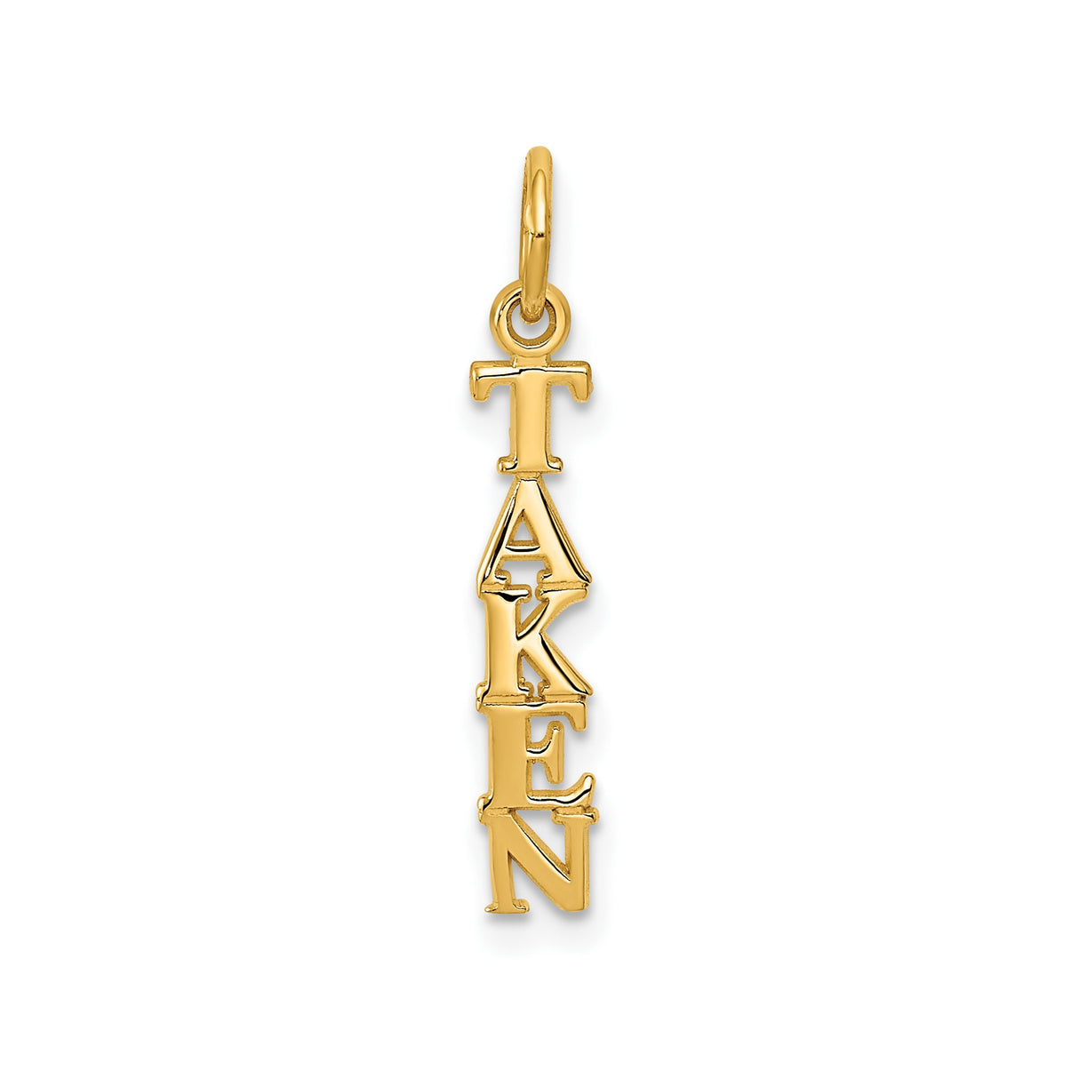 14k Yellow Gold Pendant with Vertical Taken Charm, Bold Lettering Statement Jewelry