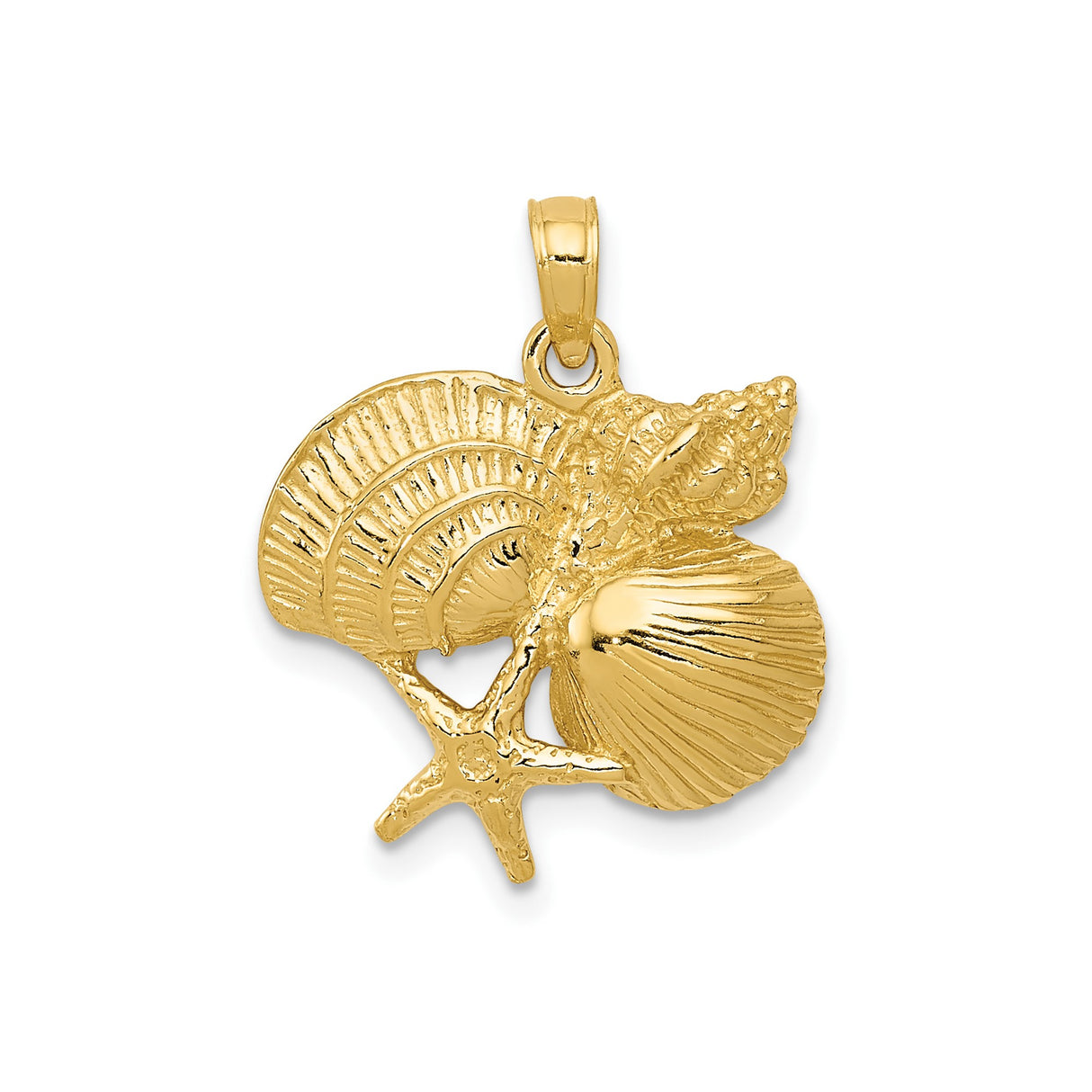 14k Yellow Gold Pendant with Seashell and Starfish, Nautical Ocean Life Charm