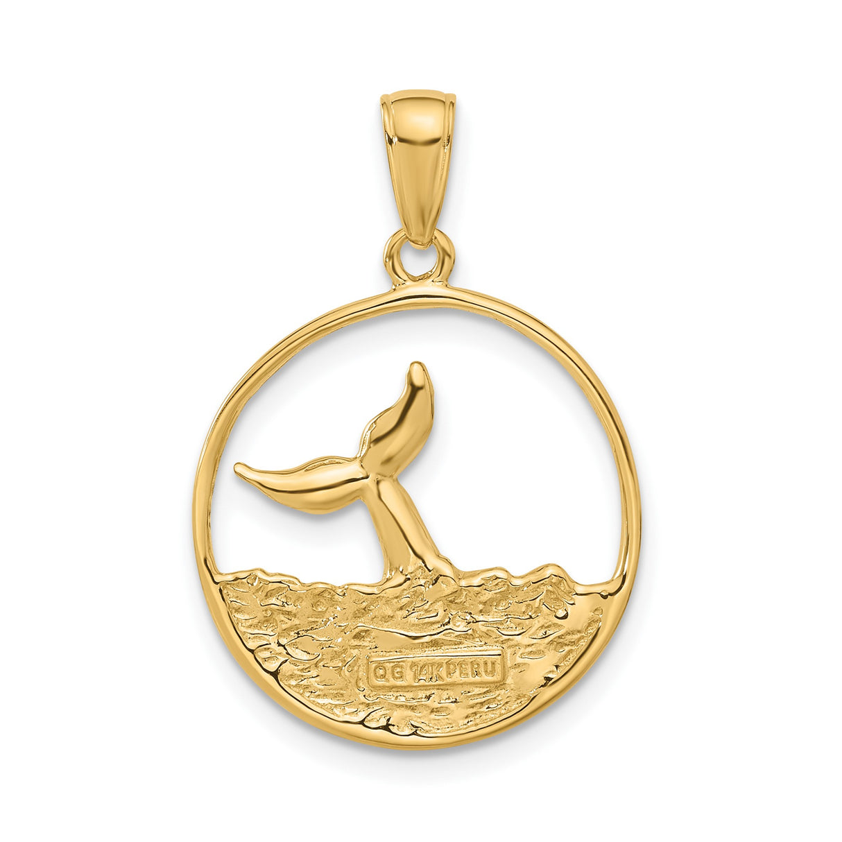 14k Yellow Gold Whale Tail Pendant with Ocean Wave Design, Nautical Sea Life Theme