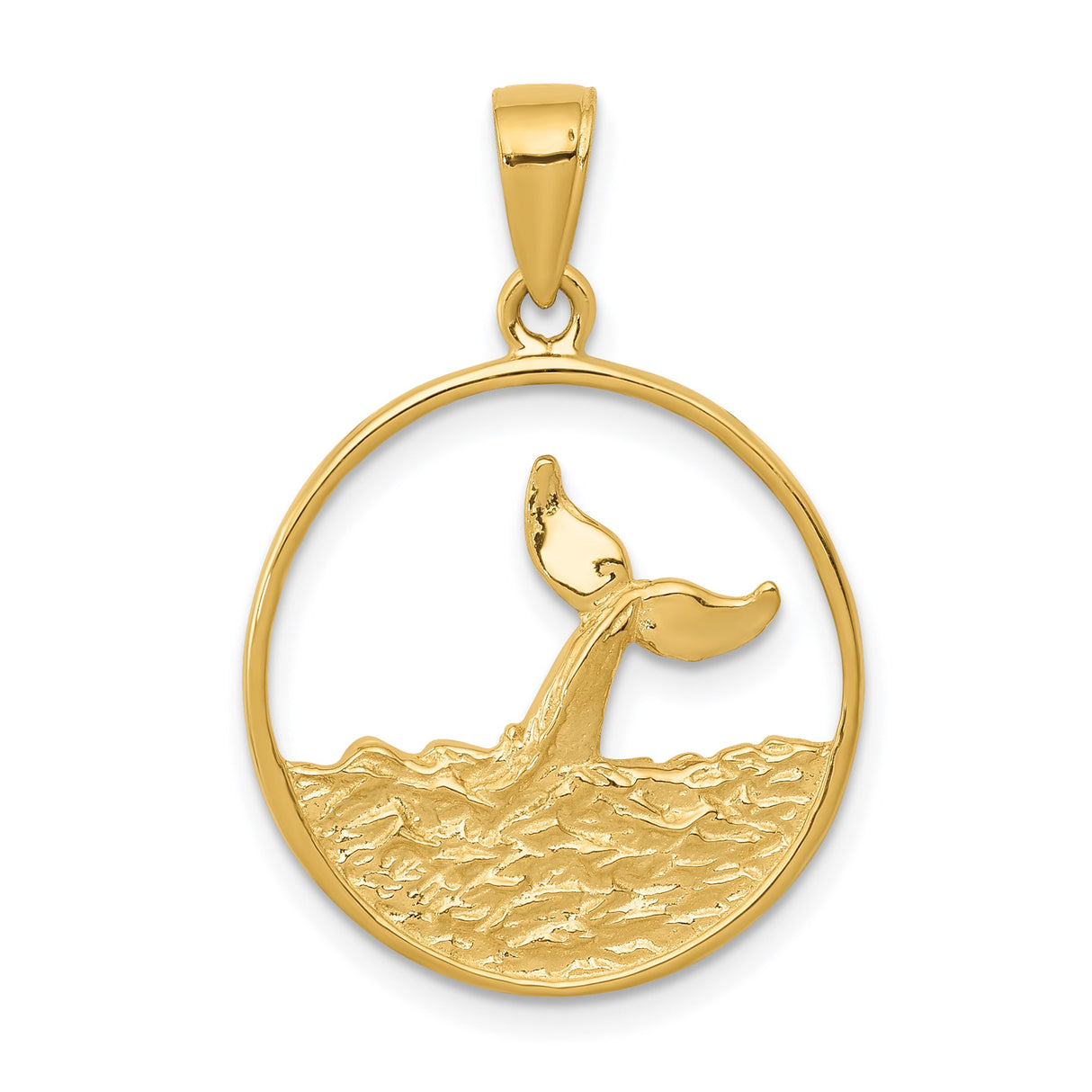 14k Yellow Gold Whale Tail Pendant with Ocean Wave Design, Nautical Sea Life Theme