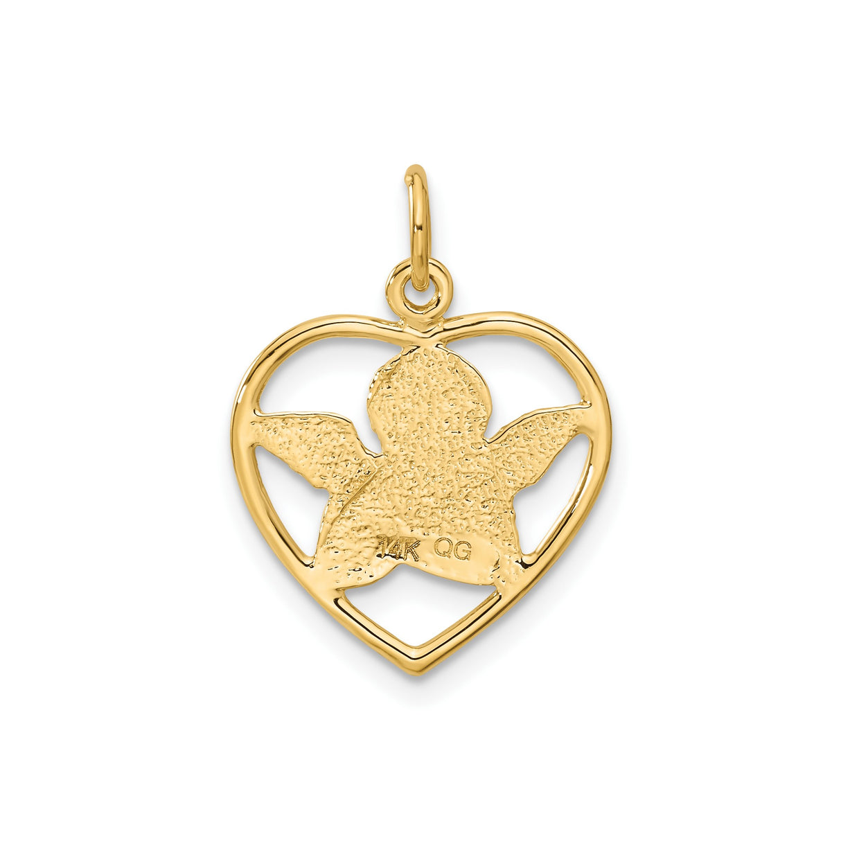 14k Yellow Gold Heart Angel Pendant with Praying Cherub and Wings Charm