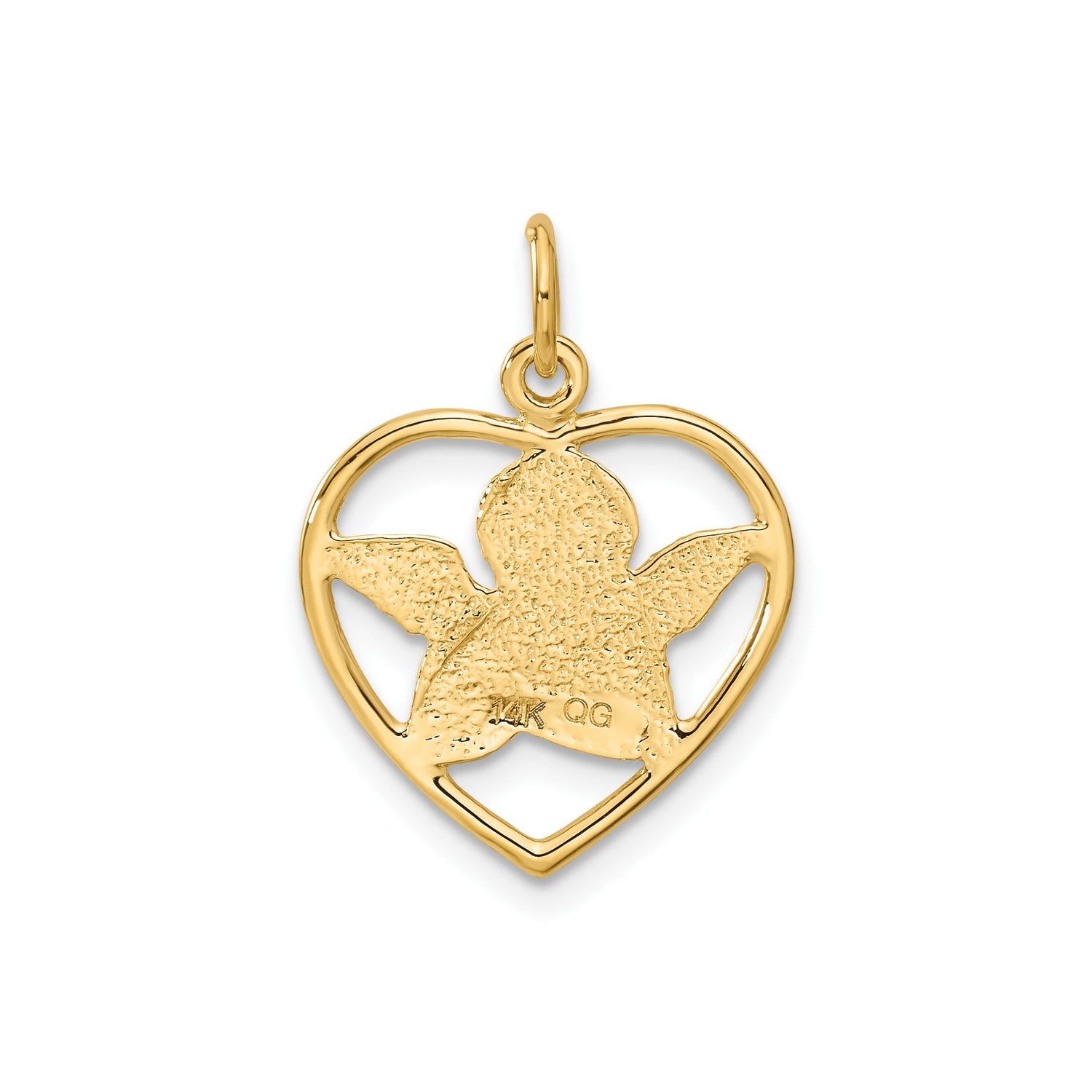 14k Yellow Gold Heart Angel Pendant with Praying Cherub and Wings Charm