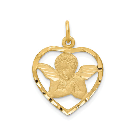 14k Yellow Gold Heart Angel Pendant with Praying Cherub and Wings Charm