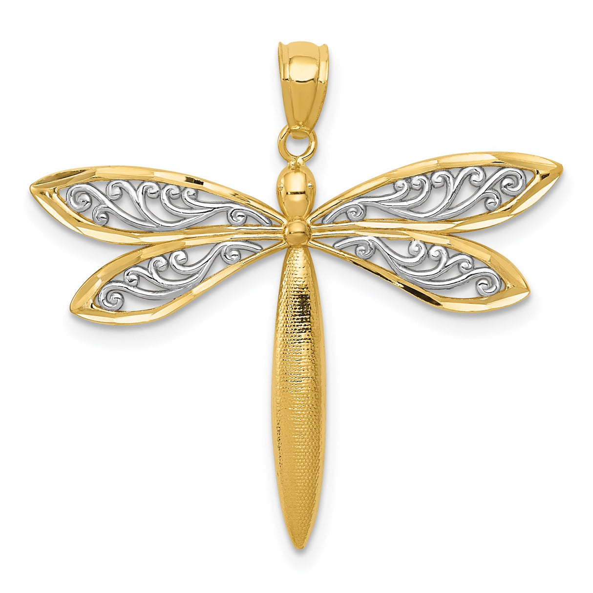 14k Multi-Tone Gold Dragonfly Pendant with Filigree Wings, Symbol of Transformation and Growth