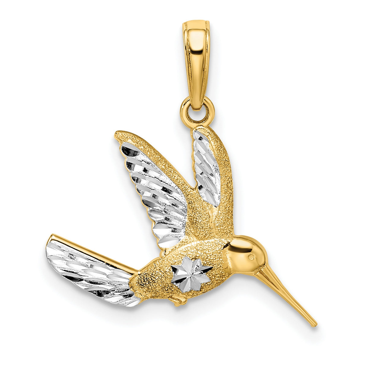 14k Multi-Tone Gold Hummingbird Pendant with Diamond Cut Wings and Starburst Design