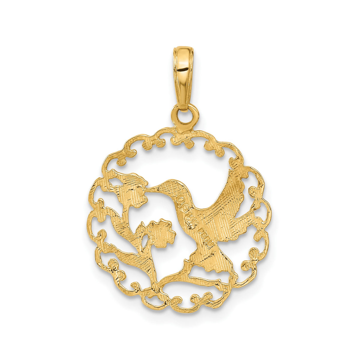 14k Yellow Gold Pendant with Hummingbird and Floral Scrollwork Circle Design