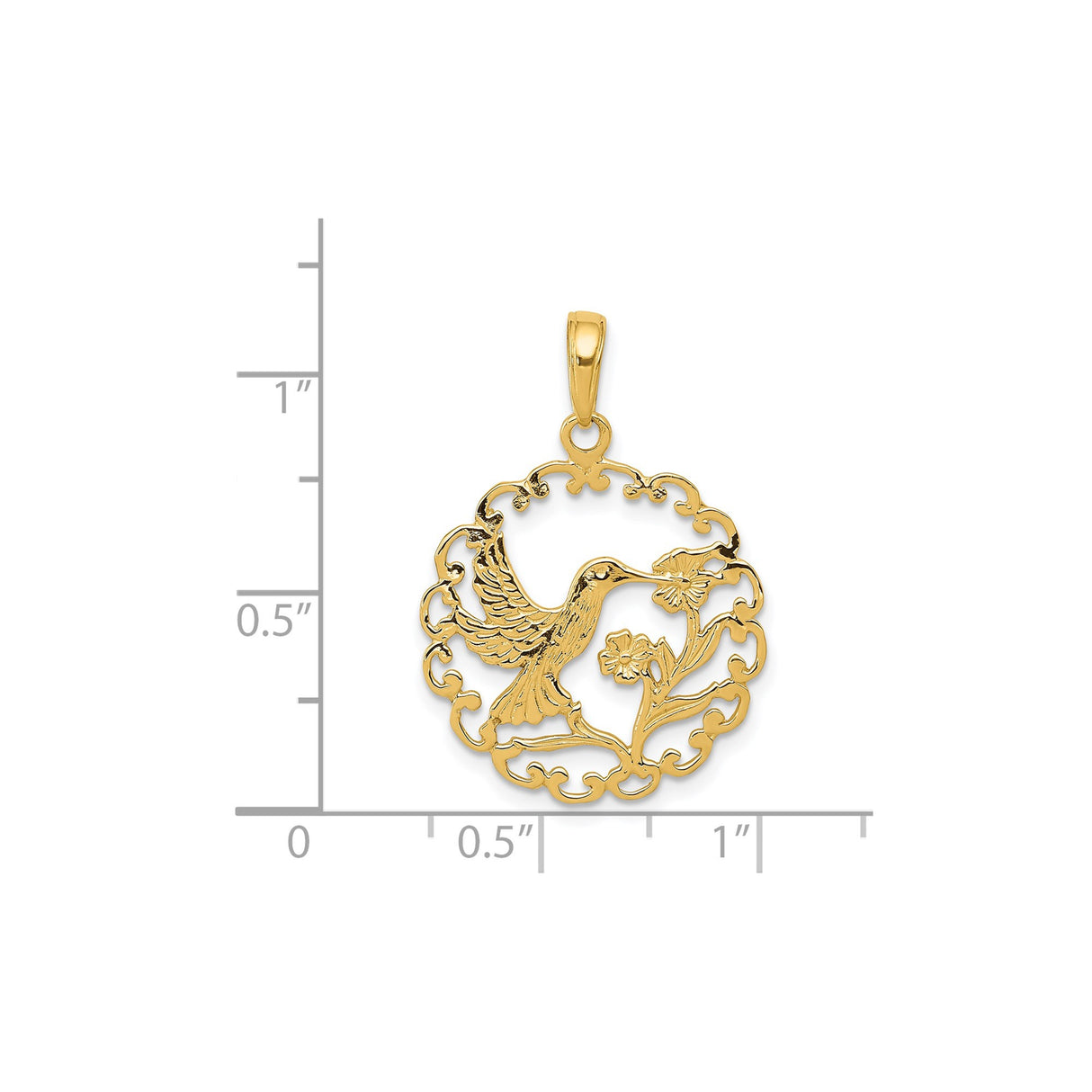 14k Yellow Gold Pendant with Hummingbird and Floral Scrollwork Circle Design