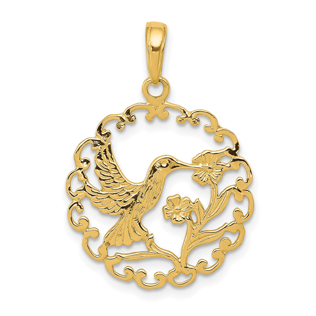 14k Yellow Gold Pendant with Hummingbird and Floral Scrollwork Circle Design
