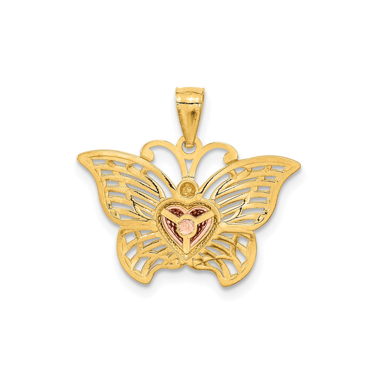 14k Two-Tone Gold Butterfly Pendant with Rose Gold Heart and Filigree Wings
