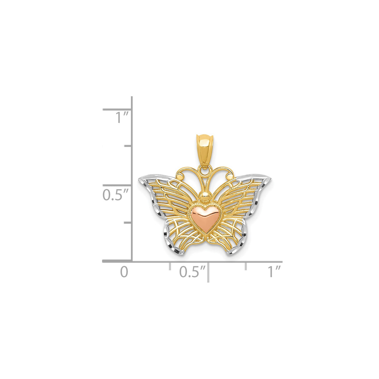14k Two-Tone Gold Butterfly Pendant with Rose Gold Heart and Filigree Wings