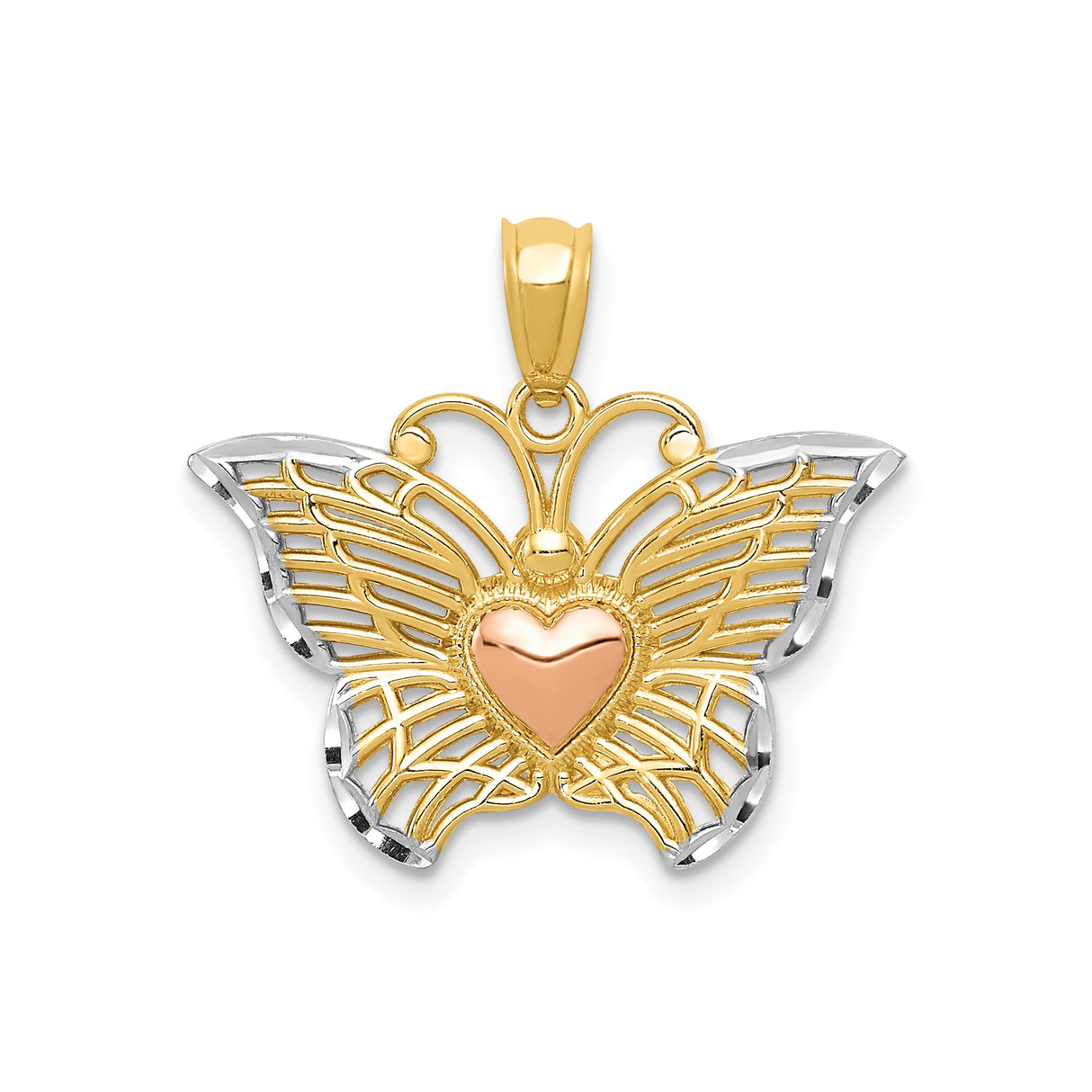 14k Two-Tone Gold Butterfly Pendant with Rose Gold Heart and Filigree Wings
