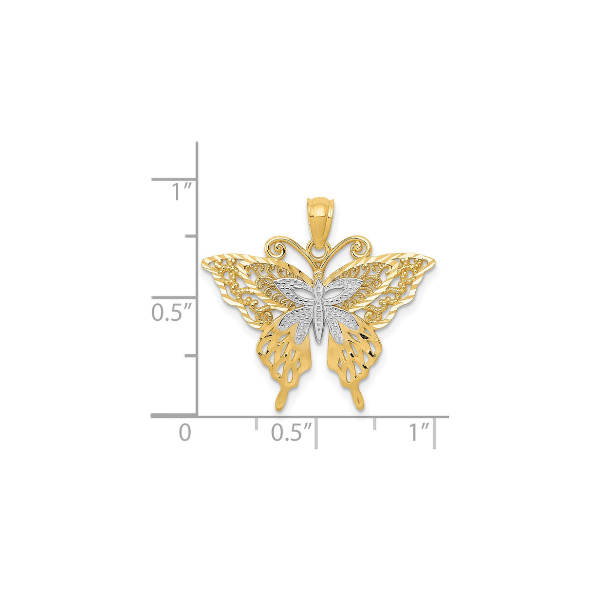 14k Multi-Tone Gold Butterfly Pendant with Filigree Wings, Nature-Inspired Charm