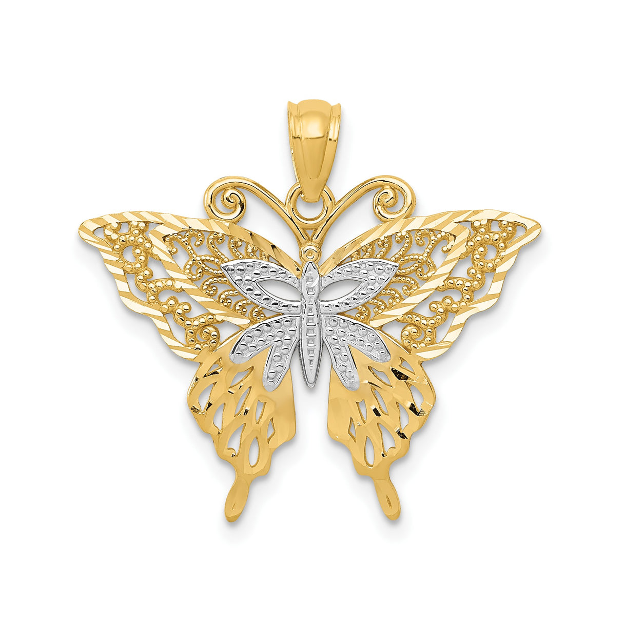 14k Multi-Tone Gold Butterfly Pendant with Filigree Wings, Nature-Inspired Charm