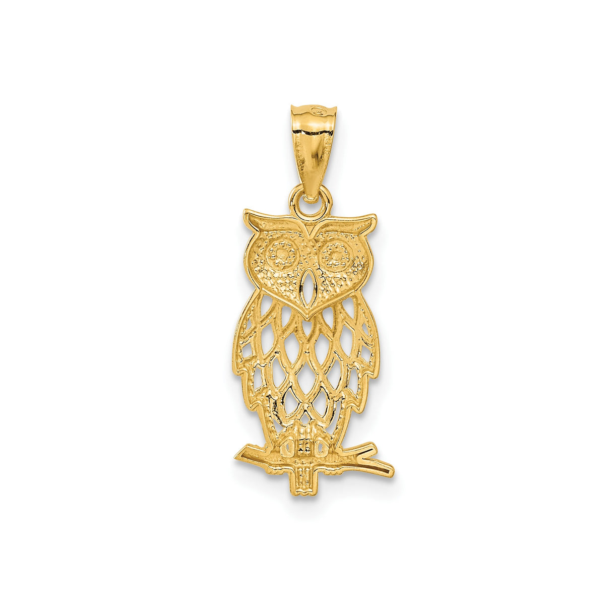 14k Yellow Gold and Rhodium Owl Pendant, Openwork Design with Diamond Cut Accents, Bird Motif