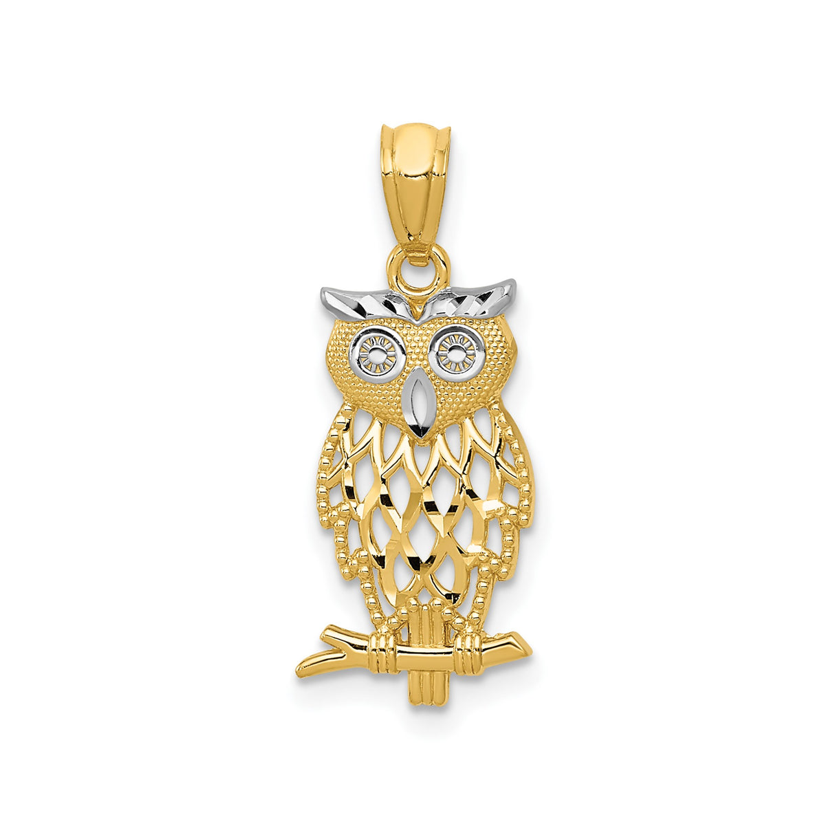 14k Yellow Gold and Rhodium Owl Pendant, Openwork Design with Diamond Cut Accents, Bird Motif