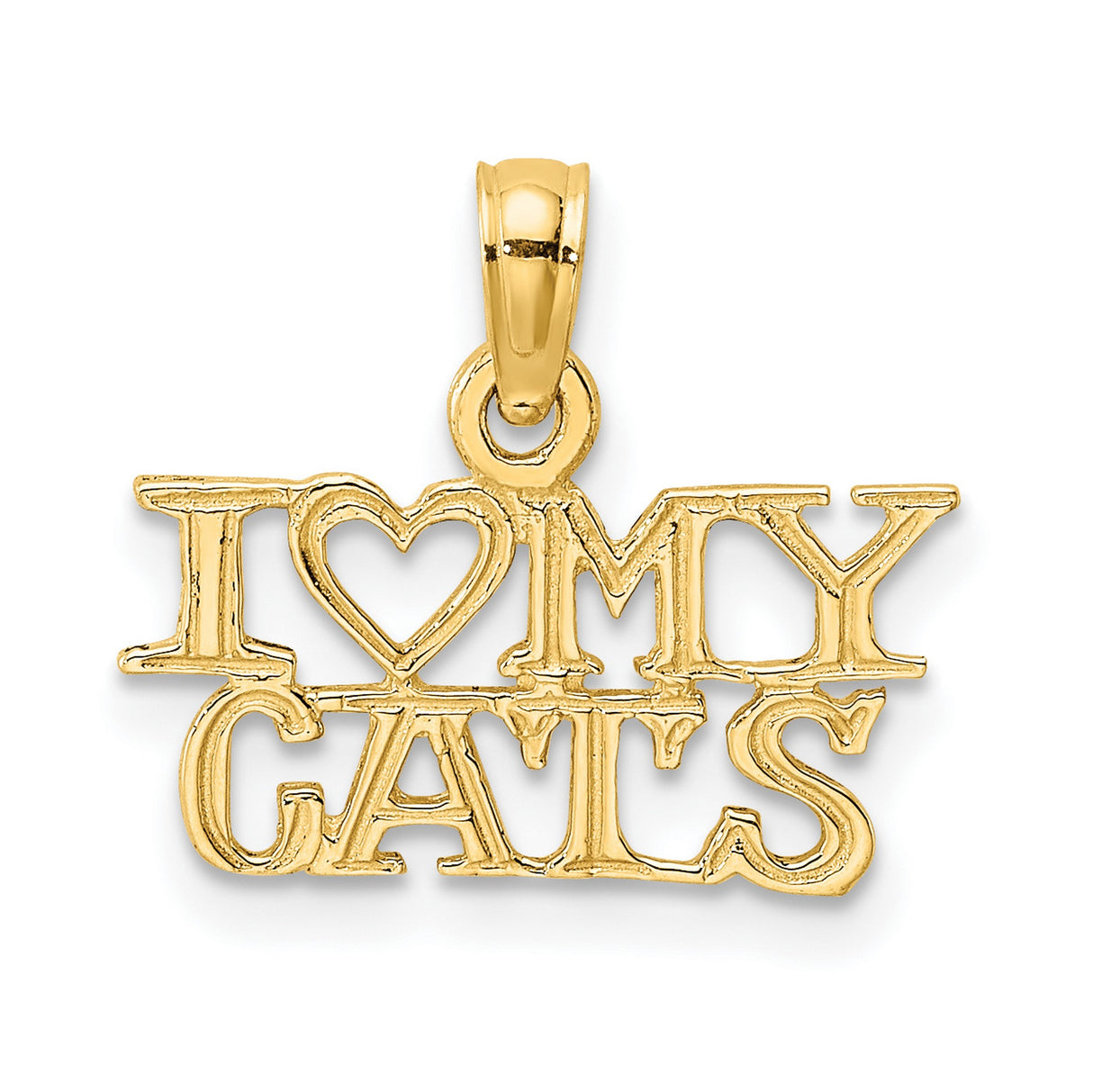 14k Yellow Gold Heart Pendant with Bold I Heart My Gals Lettering, Friendship Charm for Women