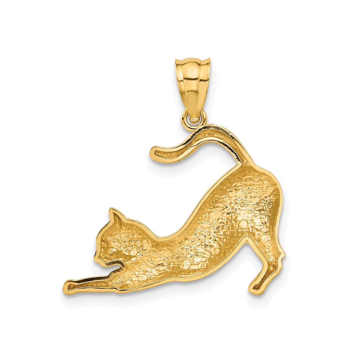 14k Yellow Gold Cat Pendant with Stretching Feline Design, Playful Animal Charm for Women