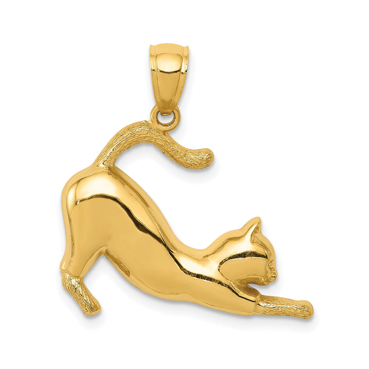 14k Yellow Gold Cat Pendant with Stretching Feline Design, Playful Animal Charm for Women