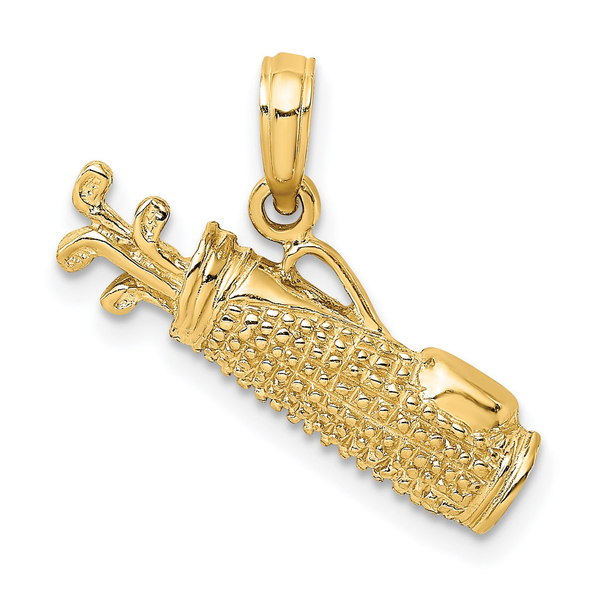 14k Yellow Gold Golf Bag Pendant with Textured Detail and Realistic Clubs