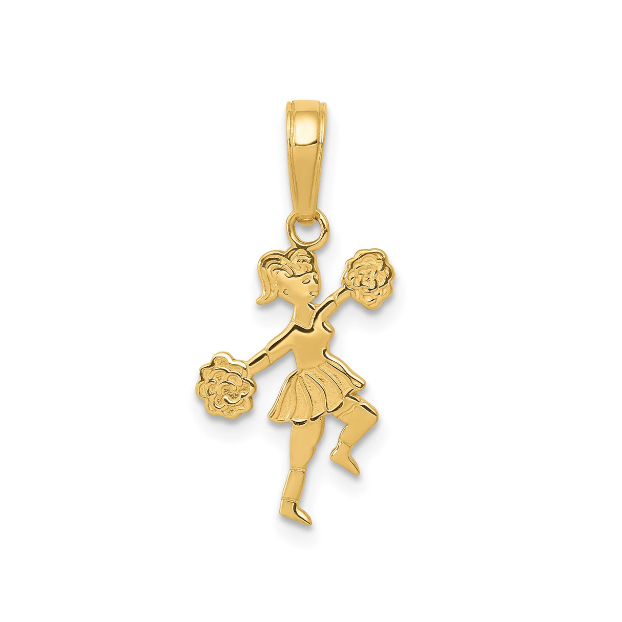 14k Yellow Gold Cheerleader Pendant with Pom-Poms, Sports Charm for Women or Girls