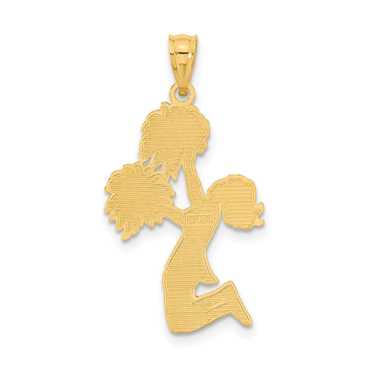 14k Yellow Gold Cheerleader Pendant with Pom Poms, Girl in Uniform Sports Charm
