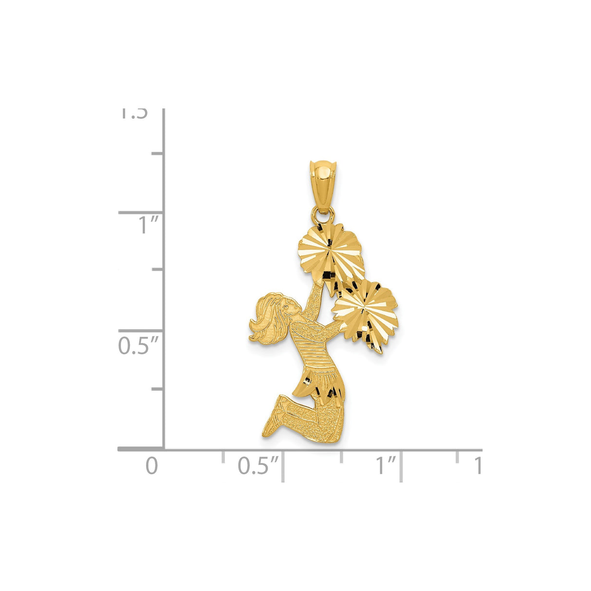 14k Yellow Gold Cheerleader Pendant with Pom Poms, Girl in Uniform Sports Charm