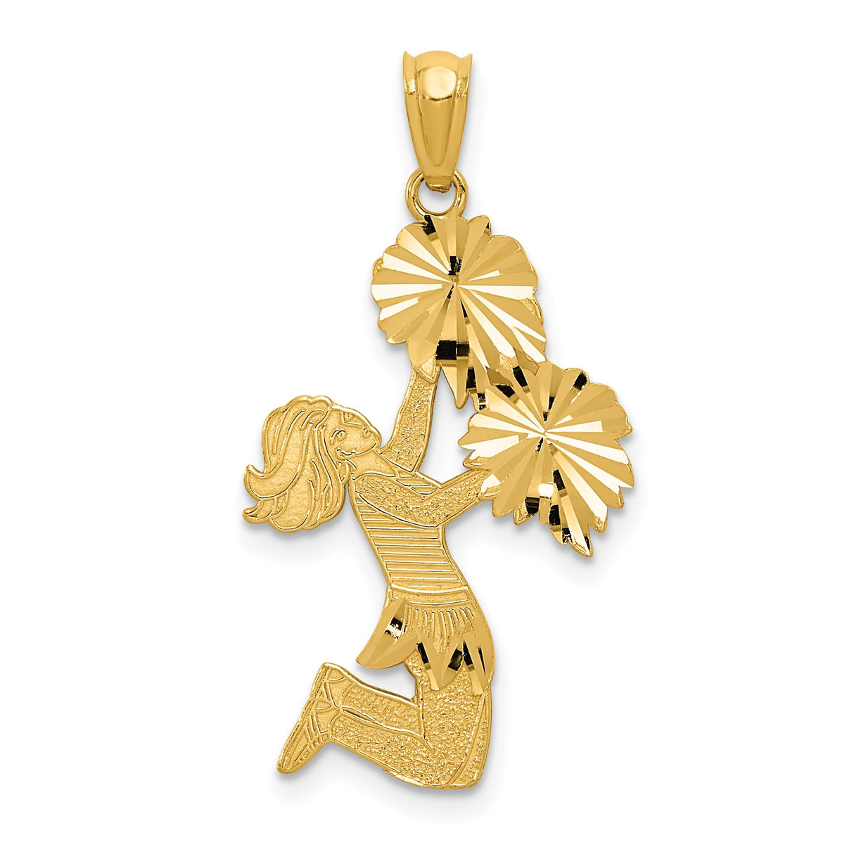 14k Yellow Gold Cheerleader Pendant with Pom Poms, Girl in Uniform Sports Charm