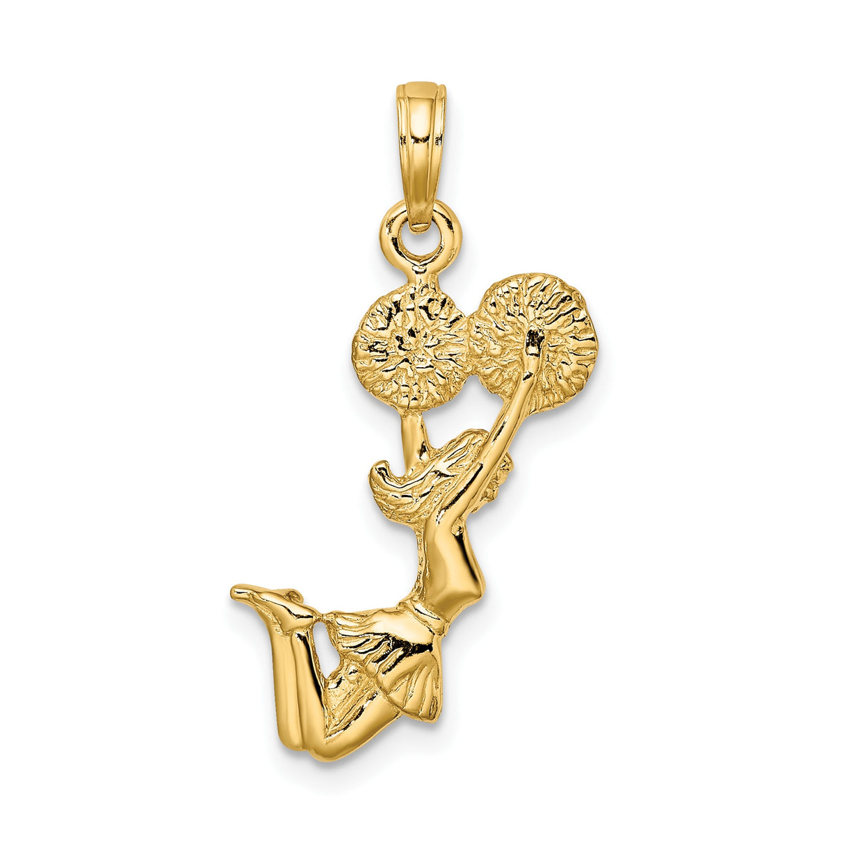 14k Yellow Gold Jumping Cheerleader Pendant with Pom-Poms, Sports Theme Charm for Teen Girls or Women
