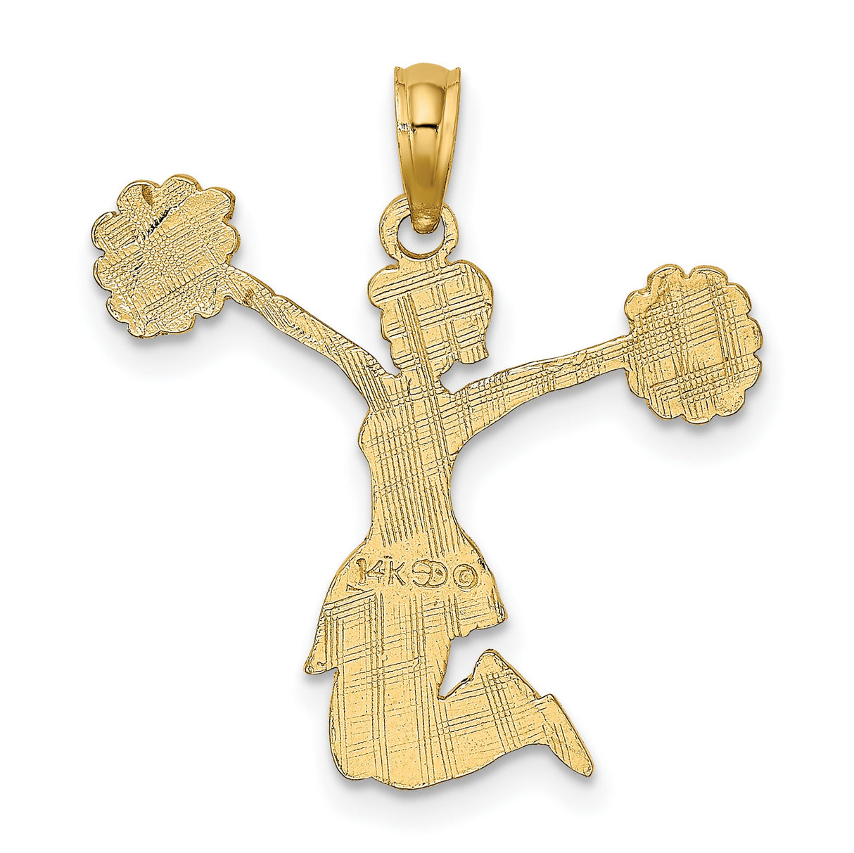 14k Yellow Gold Cheerleader Pendant with Pom-Poms, Jumping Female Figure Charm